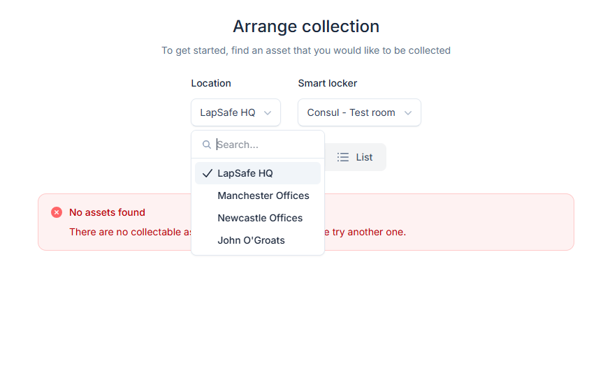 Arrange collection screen showing the drop downs for locations and smart locker name