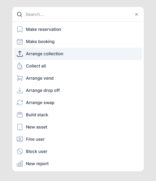 ONARKEN quick actions menu, with the 'Arrange Collection' tab highlighted