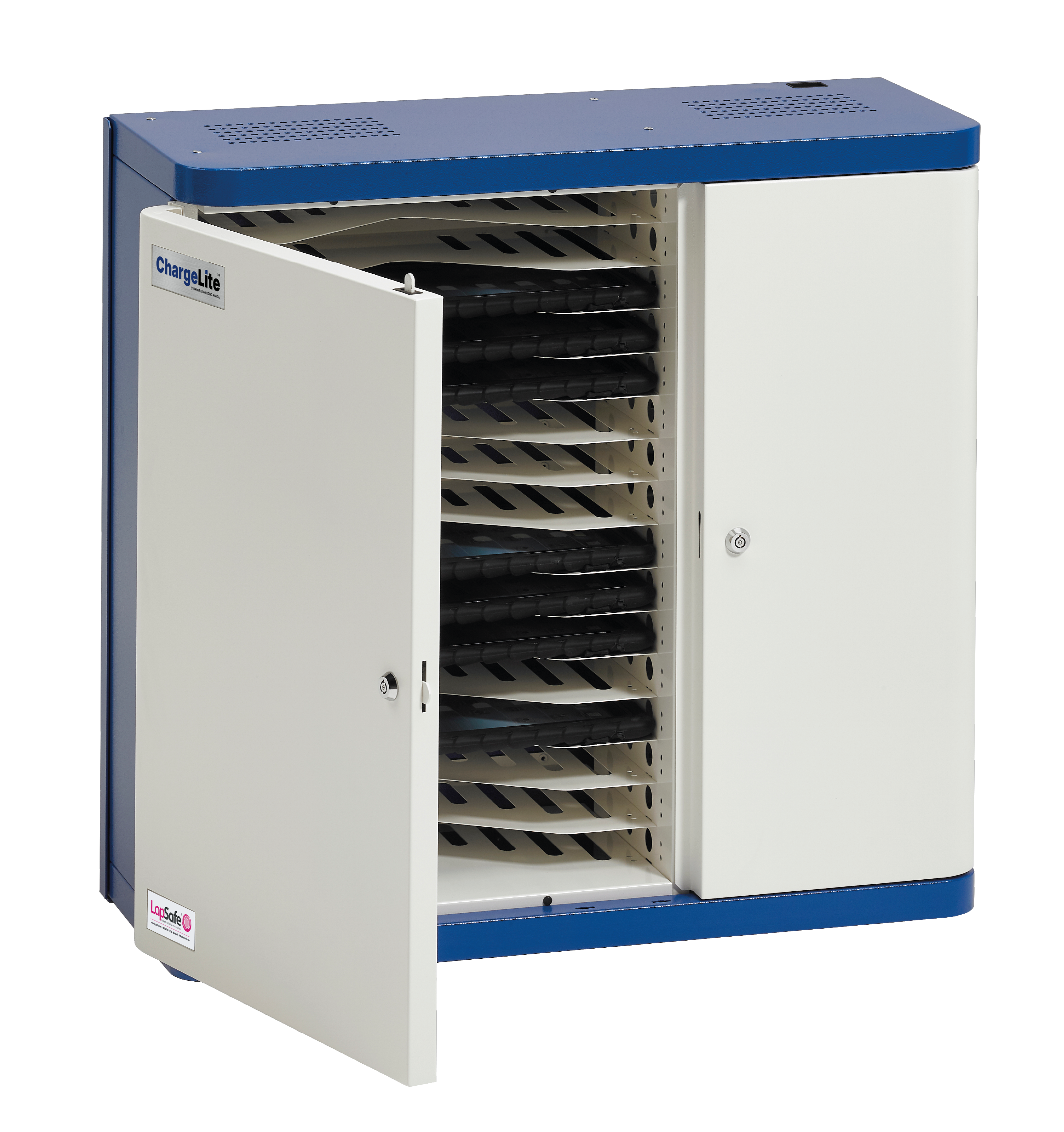 ChargeLite wall locker with left door open showing device bays
