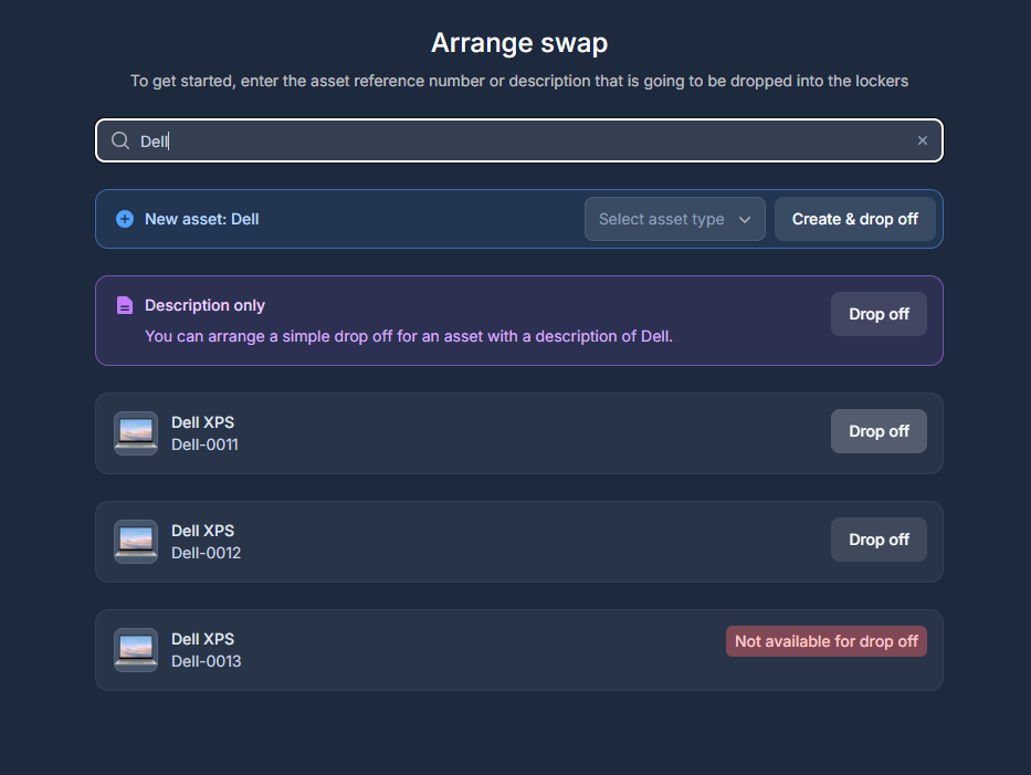 Typing in asset reference to drop off during swap
