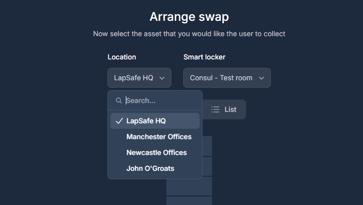 Smart locker location and installation drop down menus