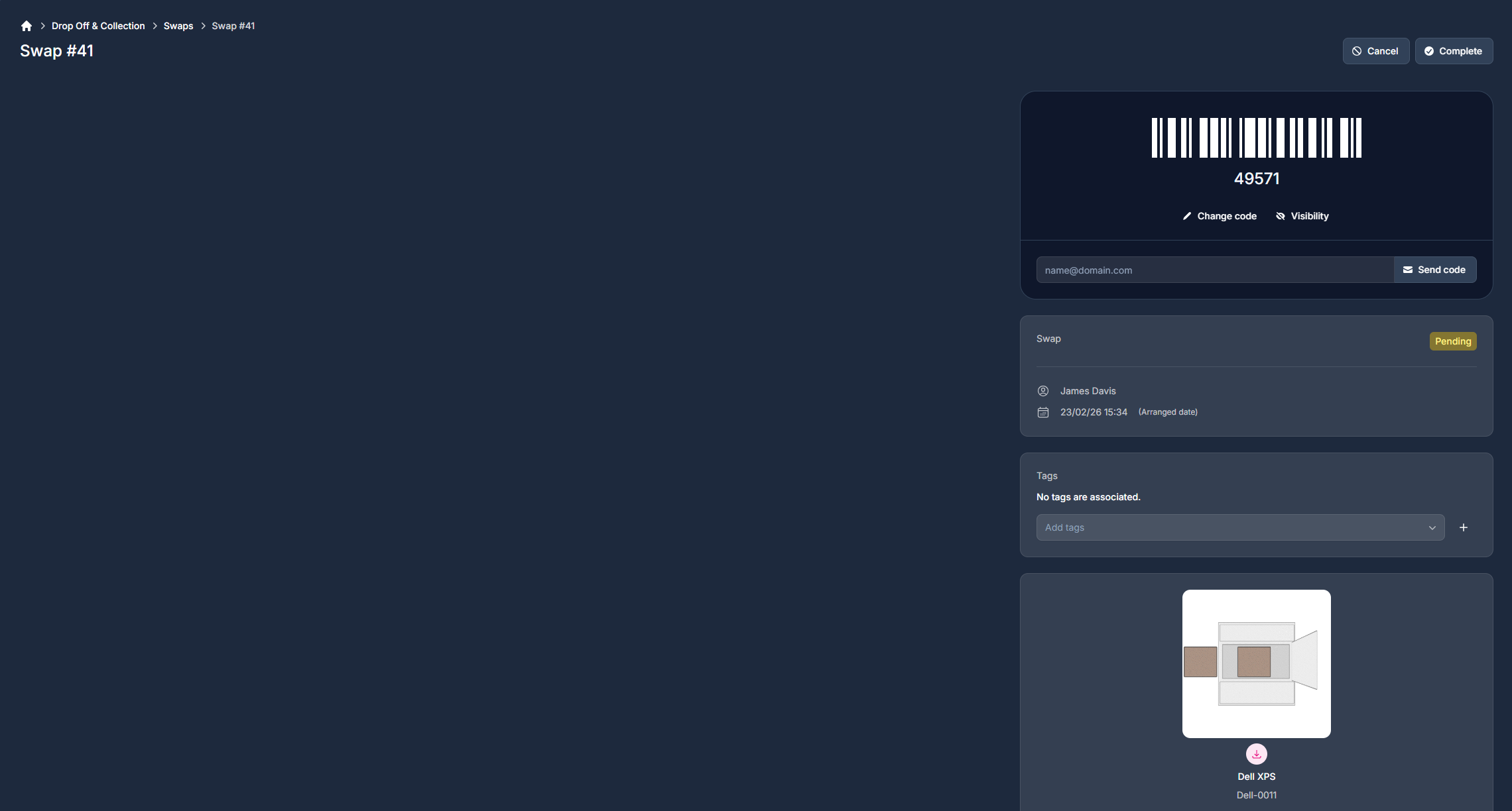 Active swap screen with one time code visible