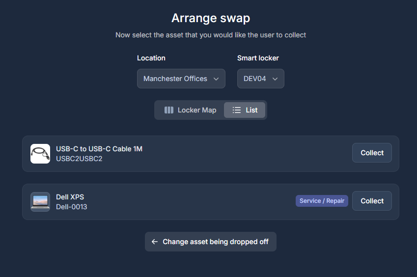 Selecting a collectable asset from a list