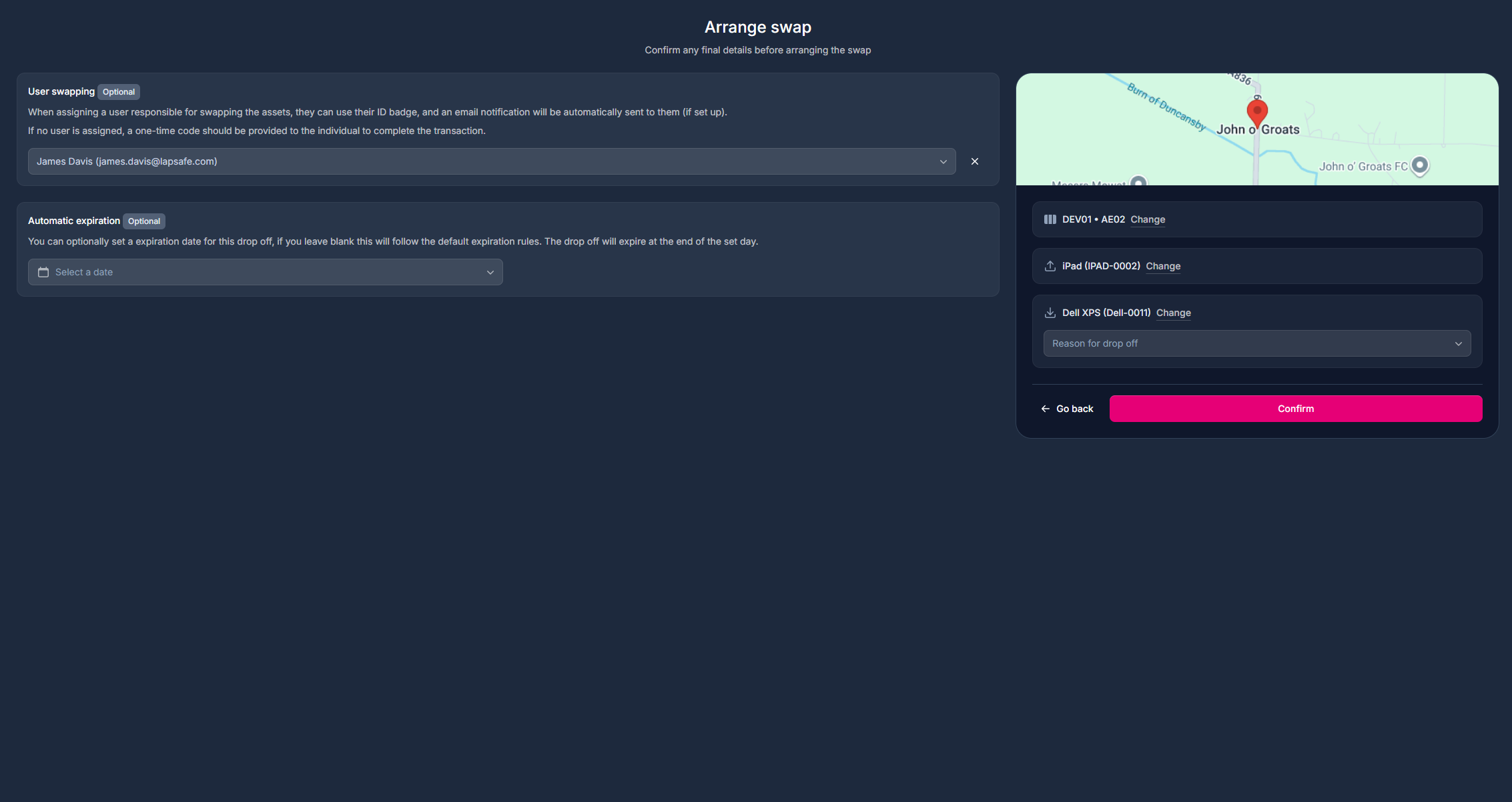 Arrange swap details screen