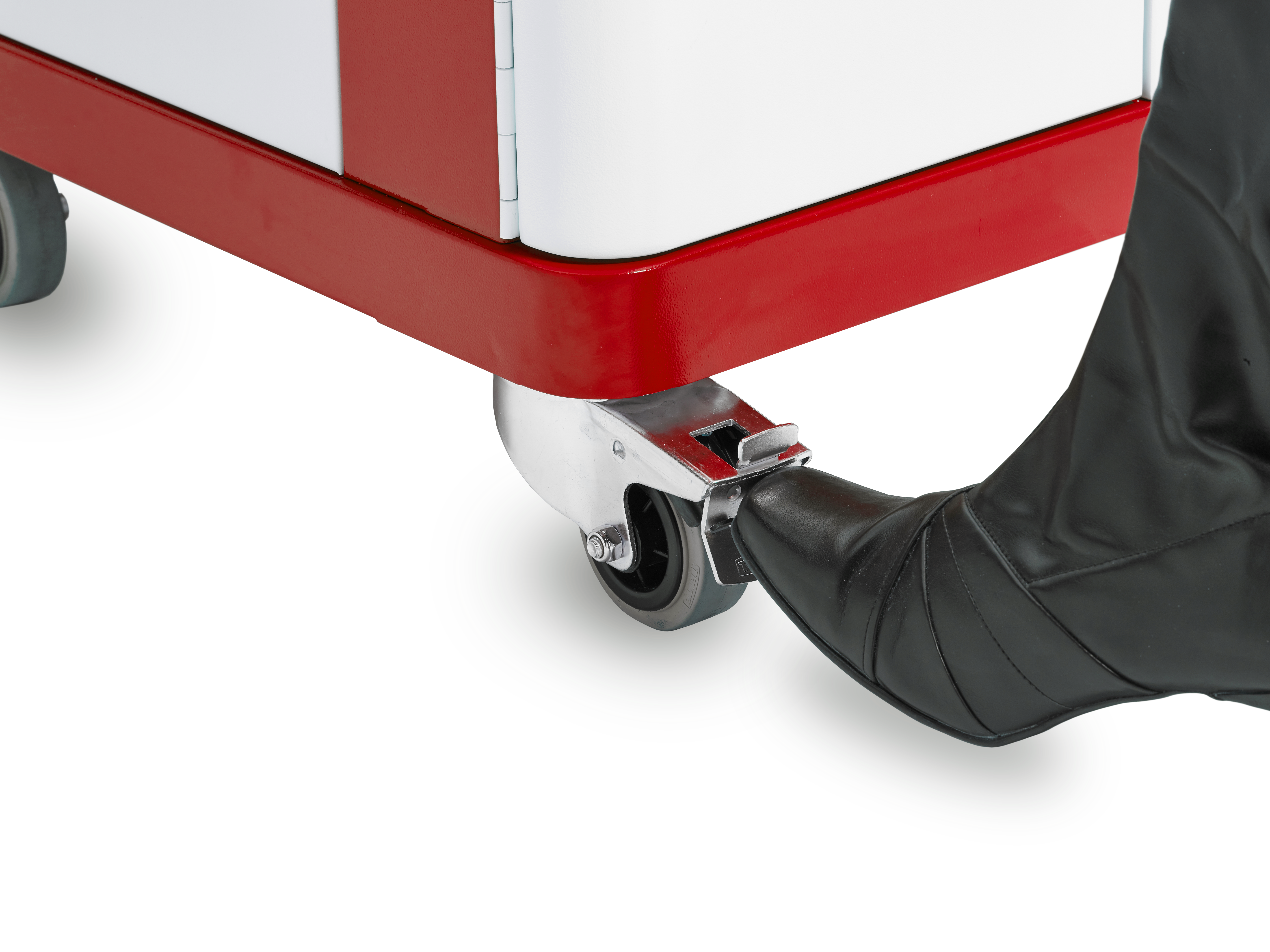 User operating Mentor charge trolley wheel brakes