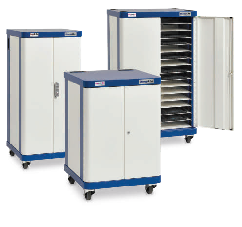 Chargelite trolleys arranged in a group showing the three different sizes of ChargeLite trolleys