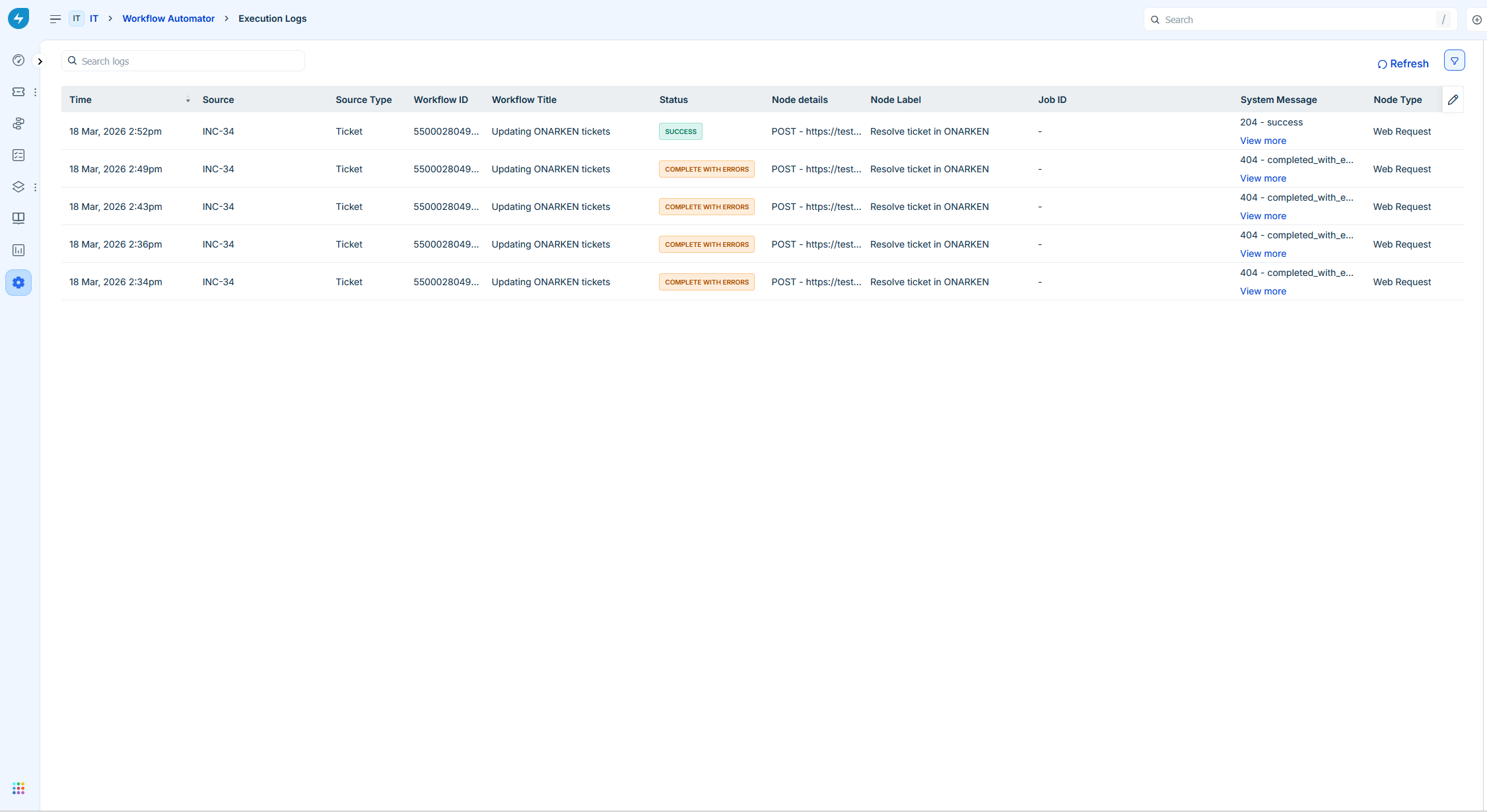 FreshService execution logs page