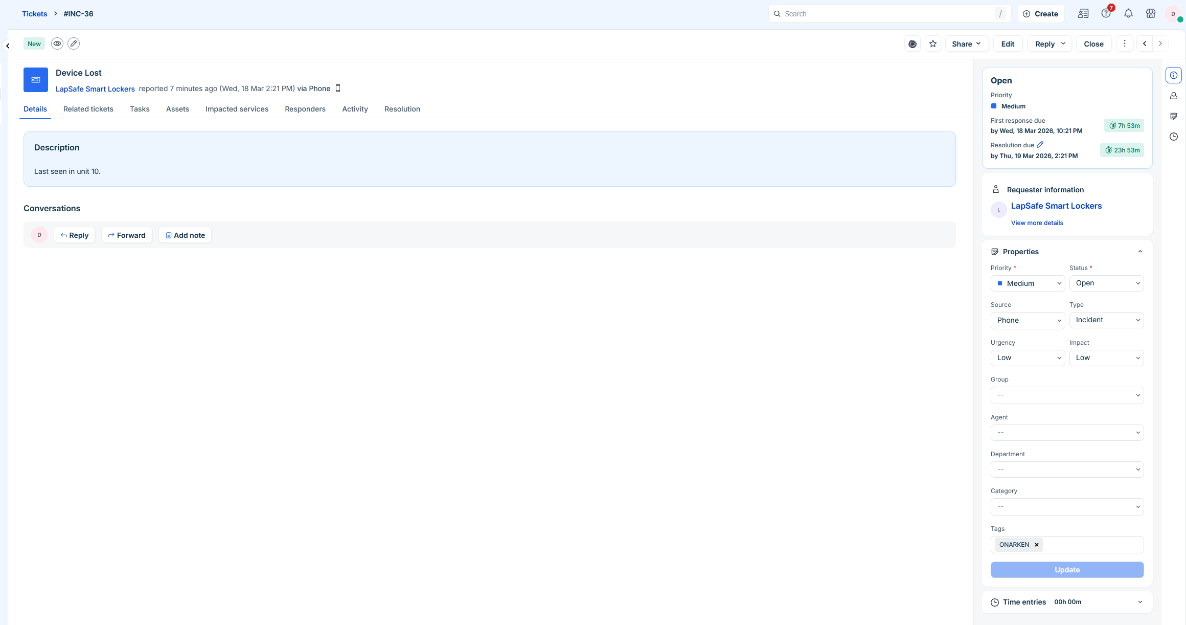 ONARKEN ticket page in FreshService