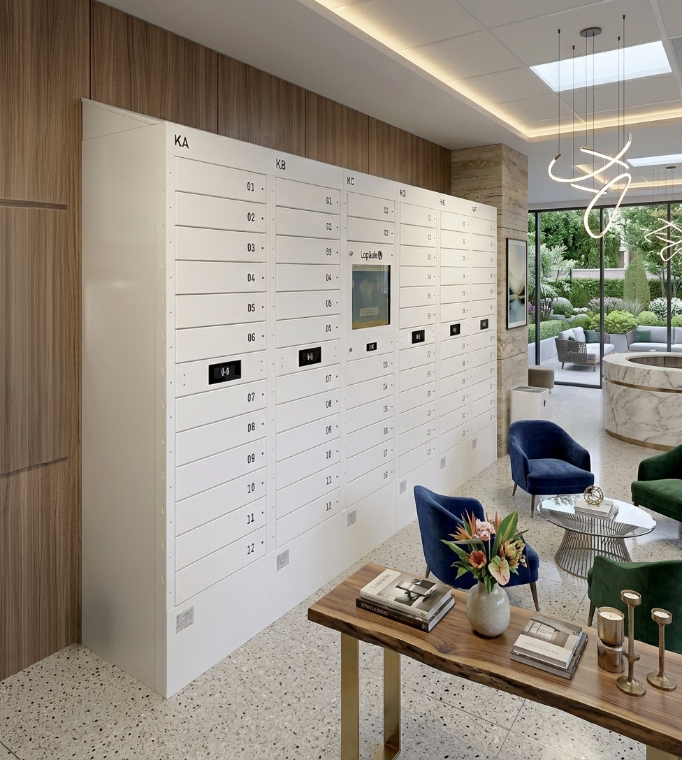Example 6 tower Diplomat pro smart locker installation with 5 towers, instllaed in a luxury lounge area with a patio