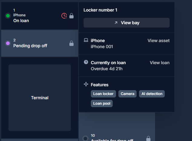 Overdue asset loan indicator on ONARKEN locker map UI