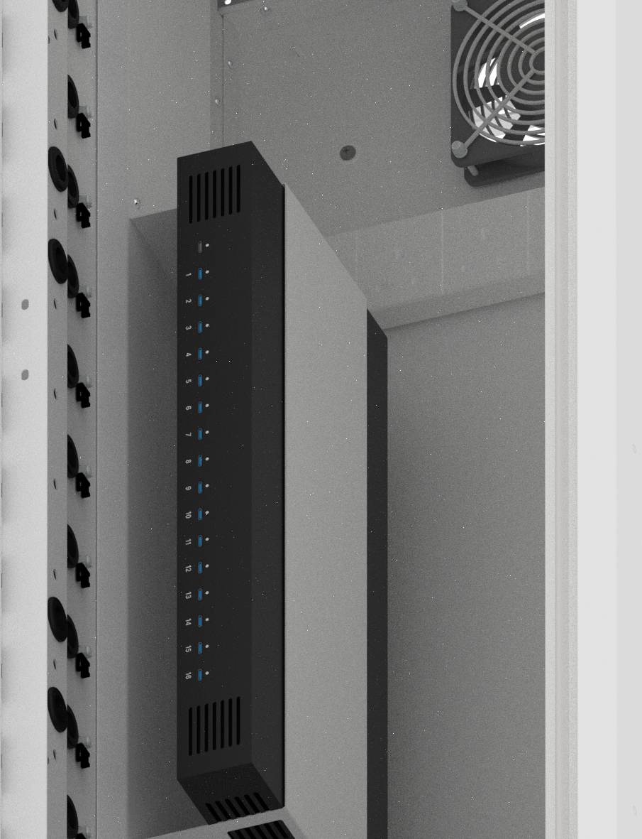 Render of a USB-C power bank installed in an Envoy locker showing numbered ports